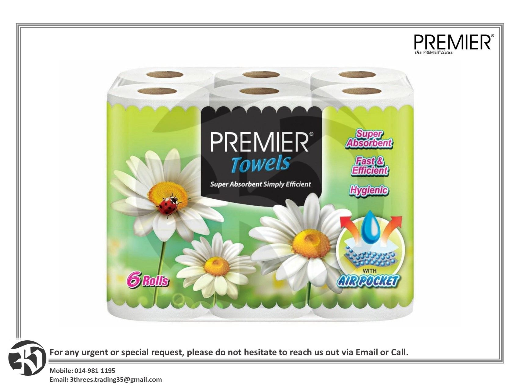 Premier Kitchen Towels (6 Rolls x 60s x 2ply)