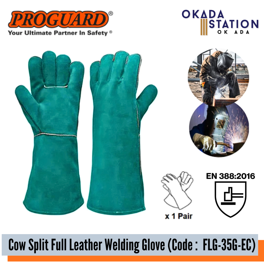 PROGUARD - 14" COW SPLIT FULL LEATHER HEAVY DUTY WELDING GLOVE / GENERAL WELDING GLOVE / ABRASION GLOVE / LOW HEAT GREEN LINING GLOVE / CONSTRUCTION GLOVE / LANDSCAPING GLOVE / HAND PROTECTION / GLOVE / FLG-35G / FLG-35G-EC