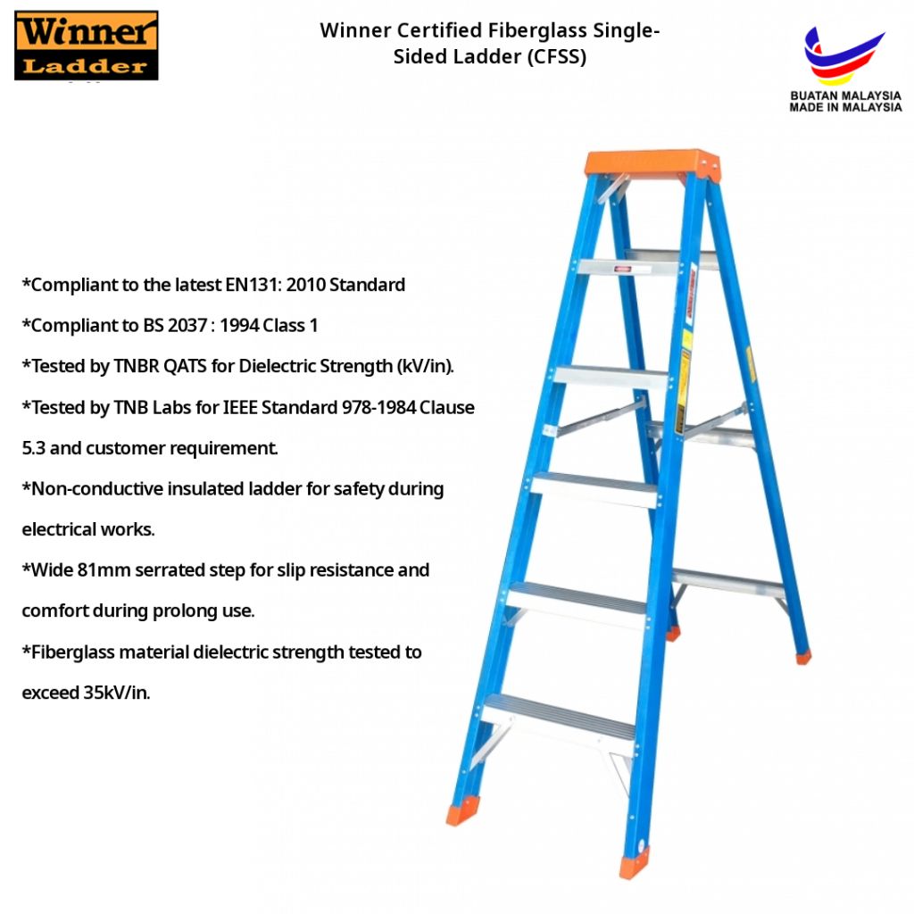 Winner Certified Fiberglass Single-Sided Ladder 5 / 6 Step Kaki