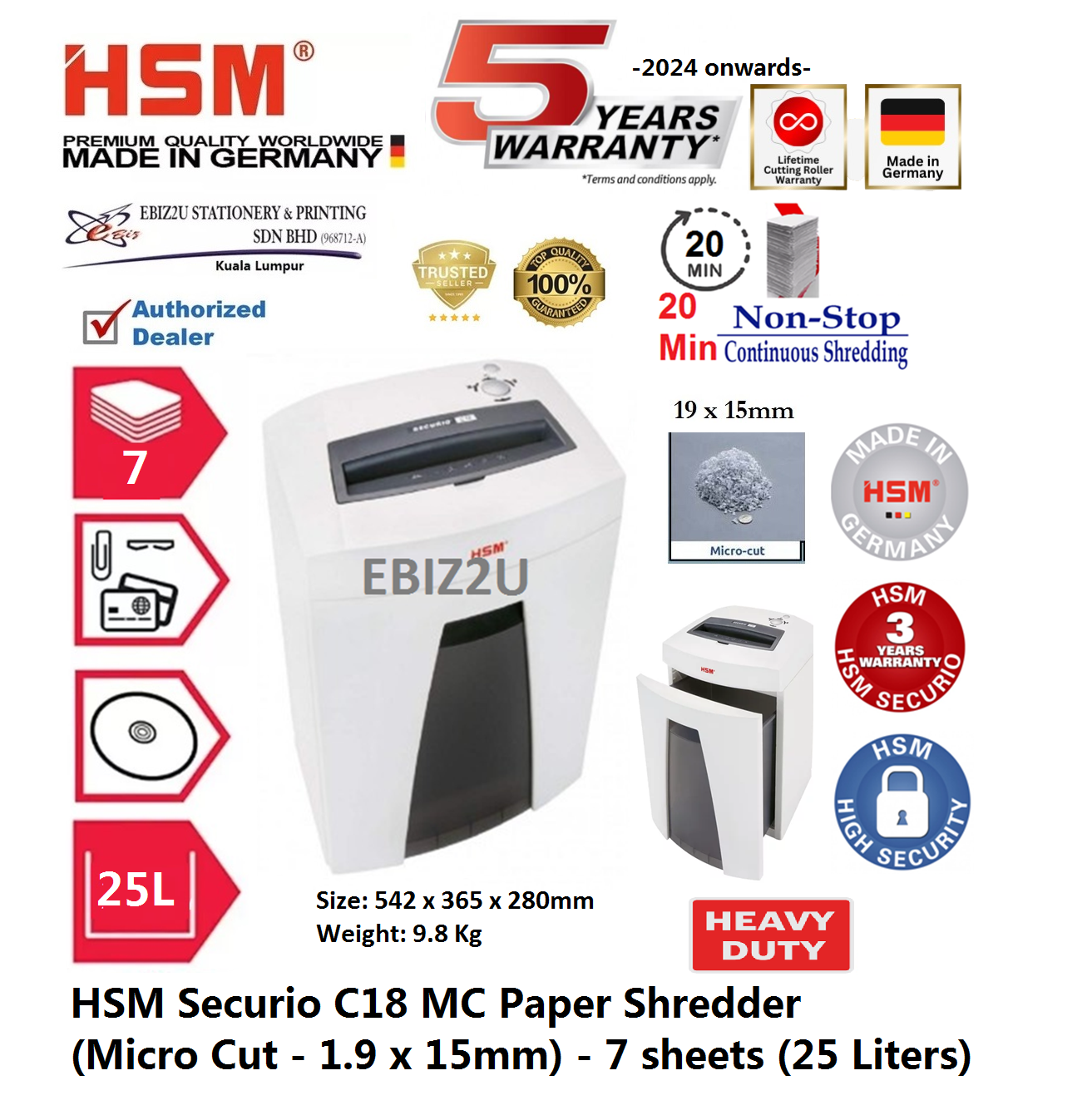 HSM Securio C18 MC Paper Shredder (Micro Cut) - 7 sheets (25 Liters) ( C18MC, C18CC, Micro Cut, Paper Shredder, Shredder Machine, Office Shredder, Heavy Duty Shredder, Mesin Penghancur Kertas)