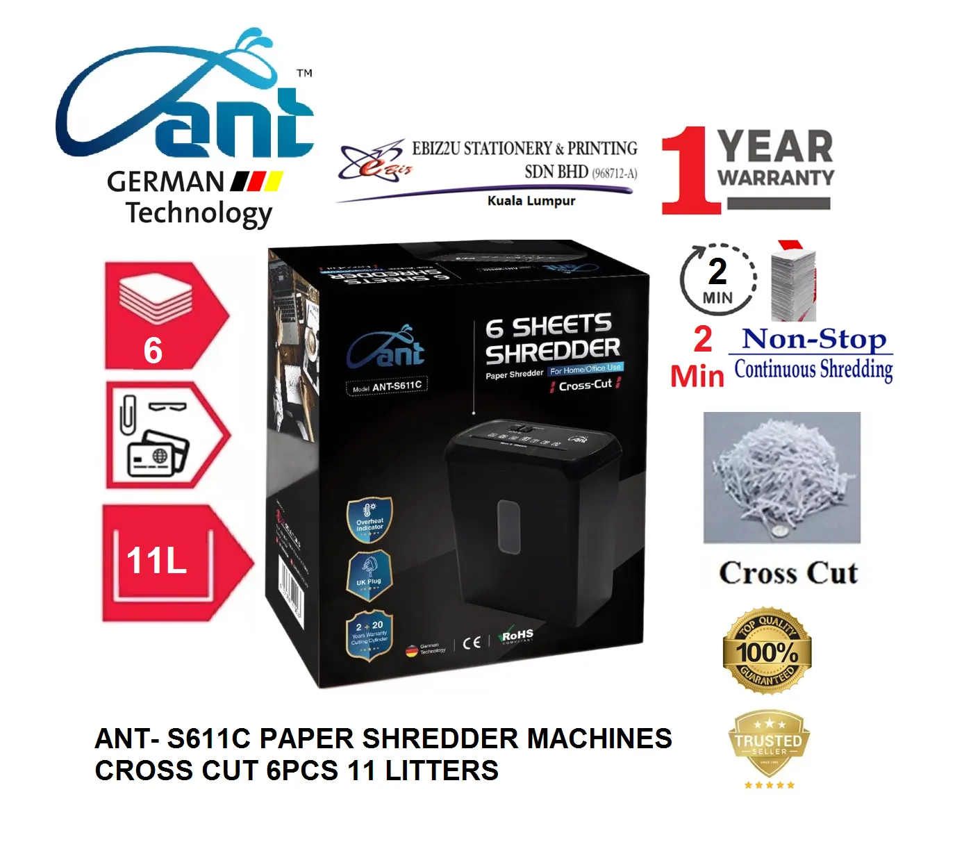 ANT-S611C PAPER SHREDDER MACHINES CROSS CUT 6PCS 11 LITTERS WITH 1 YEAR WARRANTY (mesin perincih kertas, Mesin Penghancur Kertas)