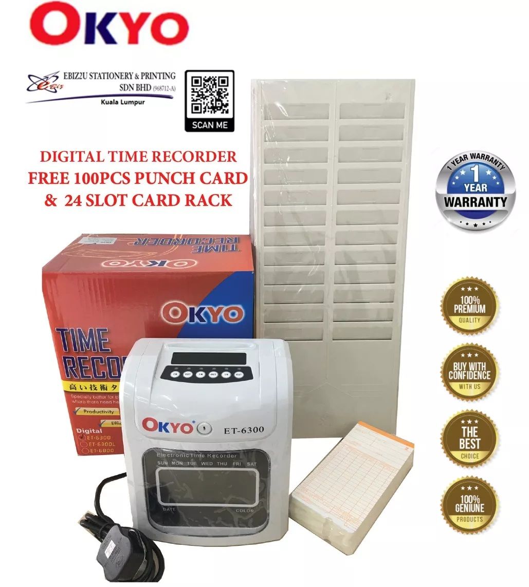 OKYO ET-6300 TIME RECORDER (DIGITAL DISPLAY) FREE RACK & TIME CARD (100's) (mesin perakam waktu, punch card machine, mesin kad punch, time recorder machine, time recorder)