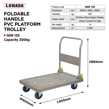 KOMADA Foldable Handle PVC Platform Trolley Plastic Flatbed Trolley (300 KG) H86.5 X W60 X L90 cm