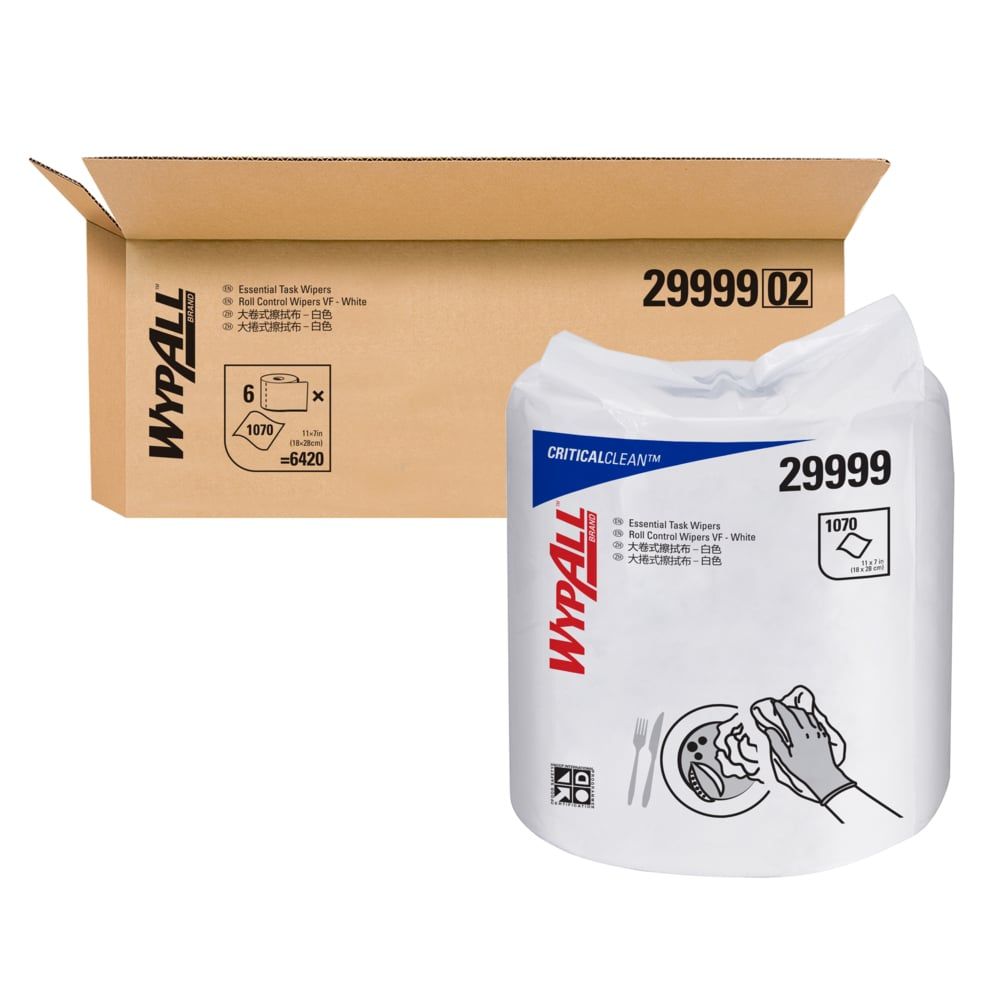 WypAll庐 Essential Task Roll Control Wipers (29999), White 1-Ply, 6 Rolls / Case, 1000 Sheets / Roll (6000 Sheets)