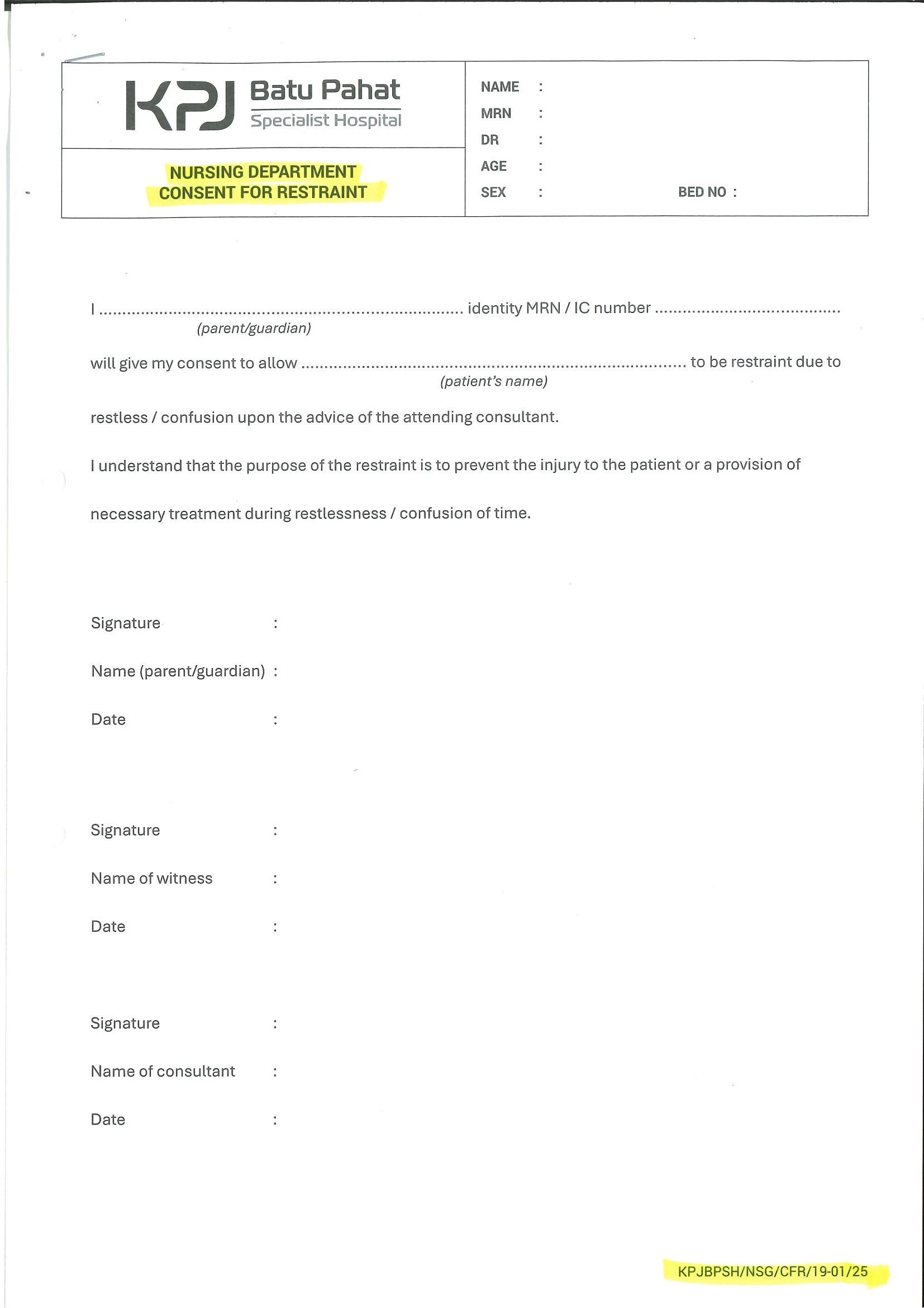 Nursing Department Consent For Restraint