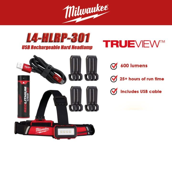 MILWAUKEE L4 HLRP-301 USB LED Rechargeable Hard Hat Lamp 600 Lumens IP54 Impact Resistant