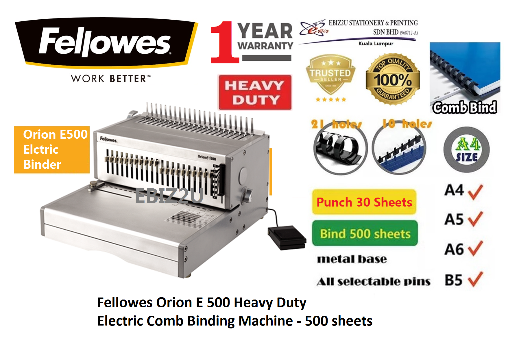 Fellowes Orion E 500 Heavy Duty Electric Comb Binding Machine - 500 sheets (Stationery, Office Automation, binding machine, heavy duty binding machine, best binding machine