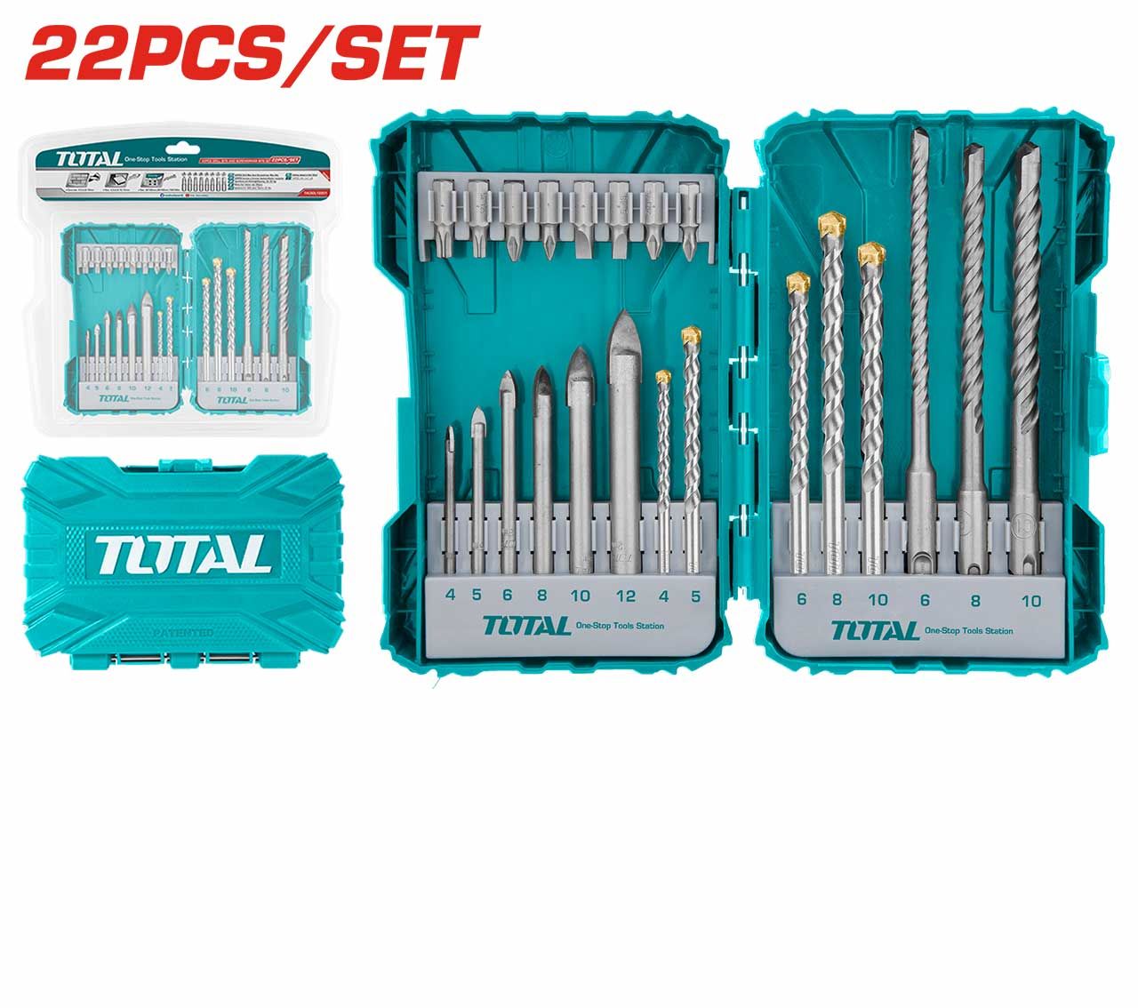 TOTAL 22 PCS DRILL BITS & SCREWDRIVER BITS SET INCL. BIT FOR GLASS MASONRY & SDS PLUS IN A CARRYING CASE - TACSDL12201