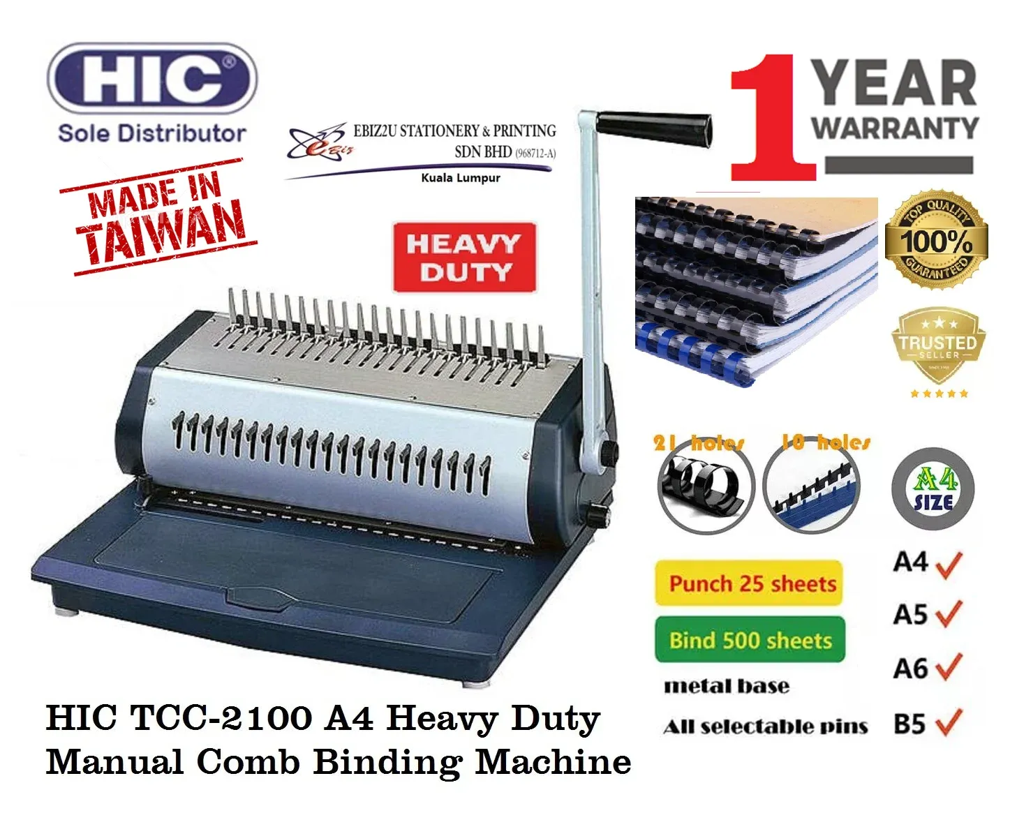 HIC TCC-2100 A4 Heavy Duty Manual Comb Binding Machine ( TCC2100, TCC 2100, binding machine, heavy duty binding machine, comb binder, comb binding machine)