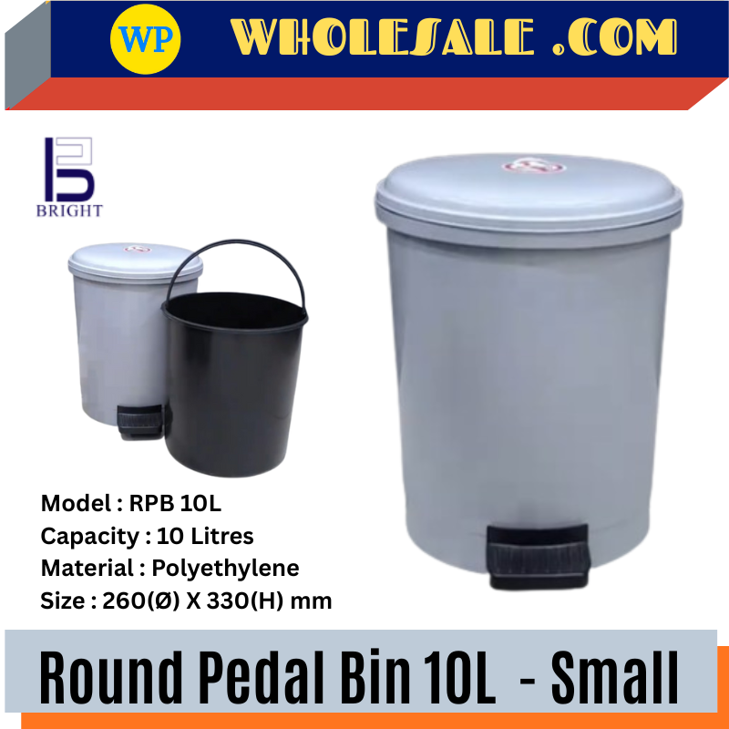 BRIGHT ROUND PEDAL BIN 10L - SMALL / ROUND PEDAL DUSTBIN / ROUND FOOT-OPERATED TRASH CAN / PEDAL BIN / STEP-ON BIN / TRASH CAN / GABAGE BIN / DUSTBIN CAN / TONG SAMPAH PEDAL / TONG SAMPAH / 10 LITRES / RPB 10L