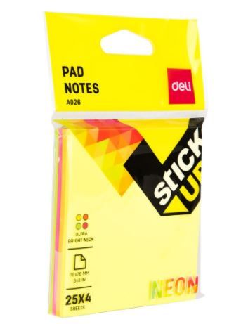 Deli Sticky Notes Neon Colour 3x3 inch EA02602 4pad ( 25sheets)