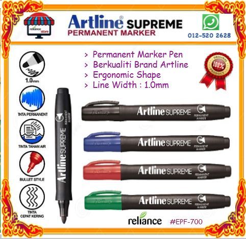 Artline Supreme Permanent Marker Pen # 1.0mm # Warna Ink : Black / Blue / Red / Green # EPF-700 # RS1300 ( KTT : 1 Batang )
