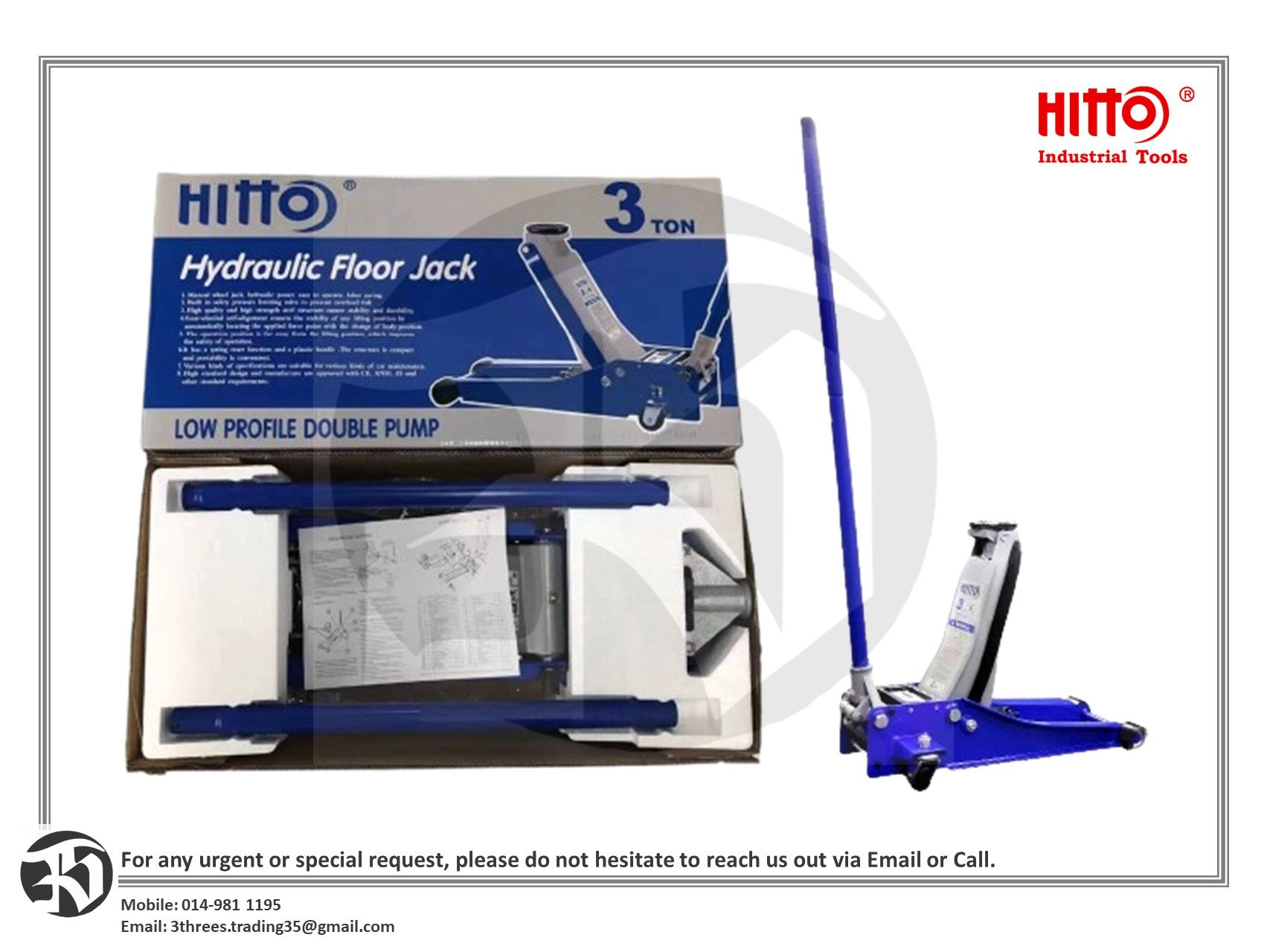 Hitto 3 Ton Low Profile Double Pump Hydraulic Floor Jack