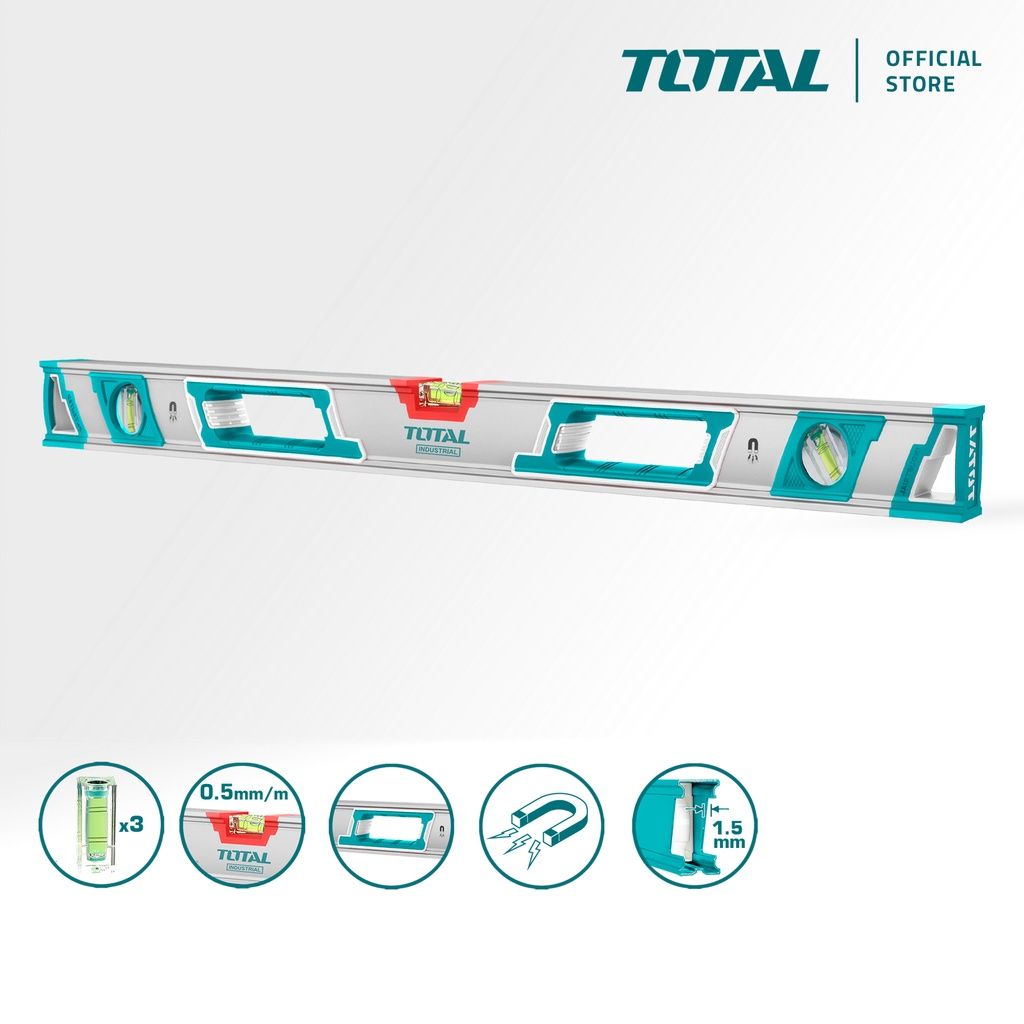 TOTAL SPIRIT LEVEL (80CM/100CM) + SPIRIT (45°/90°/180°) STRONG MAGNET + RUBBER CAPS + DOUBLE MILLED TMT28086M/TMT210086M