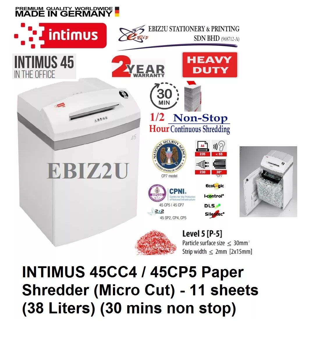 INTIMUS 45 CC4/CP5 Paper Shredder (Shred Capacity: 9-10 Sheets, Micro Cut: 1.9x15mm, Bin Capacity: 45 Liters)_Made in Germany