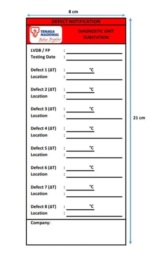 DEFECT NOTIFICATION STICKER ( BIG)SIZE: 210mm X 80 mm( DIAGNOGSTIC UNIT SUBSTATION) TNB- PRE PRINT