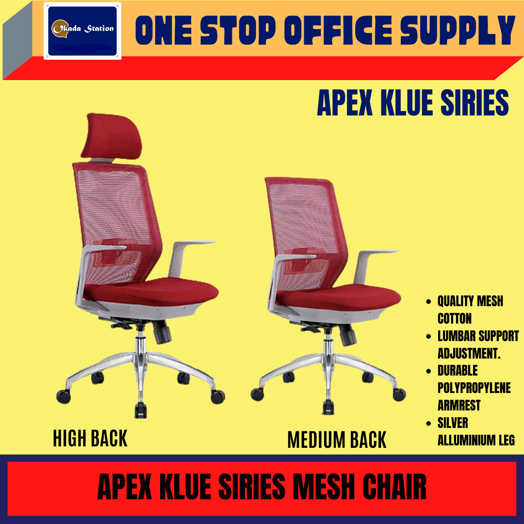 APEX KLUE SIRIES ERGONOMIC MESH CHAIR WITH ALLUMIMIUM BASE / HIGH BACK / LOW BACK / OFFICE CHAIR / ERGONOMIC CHAIR