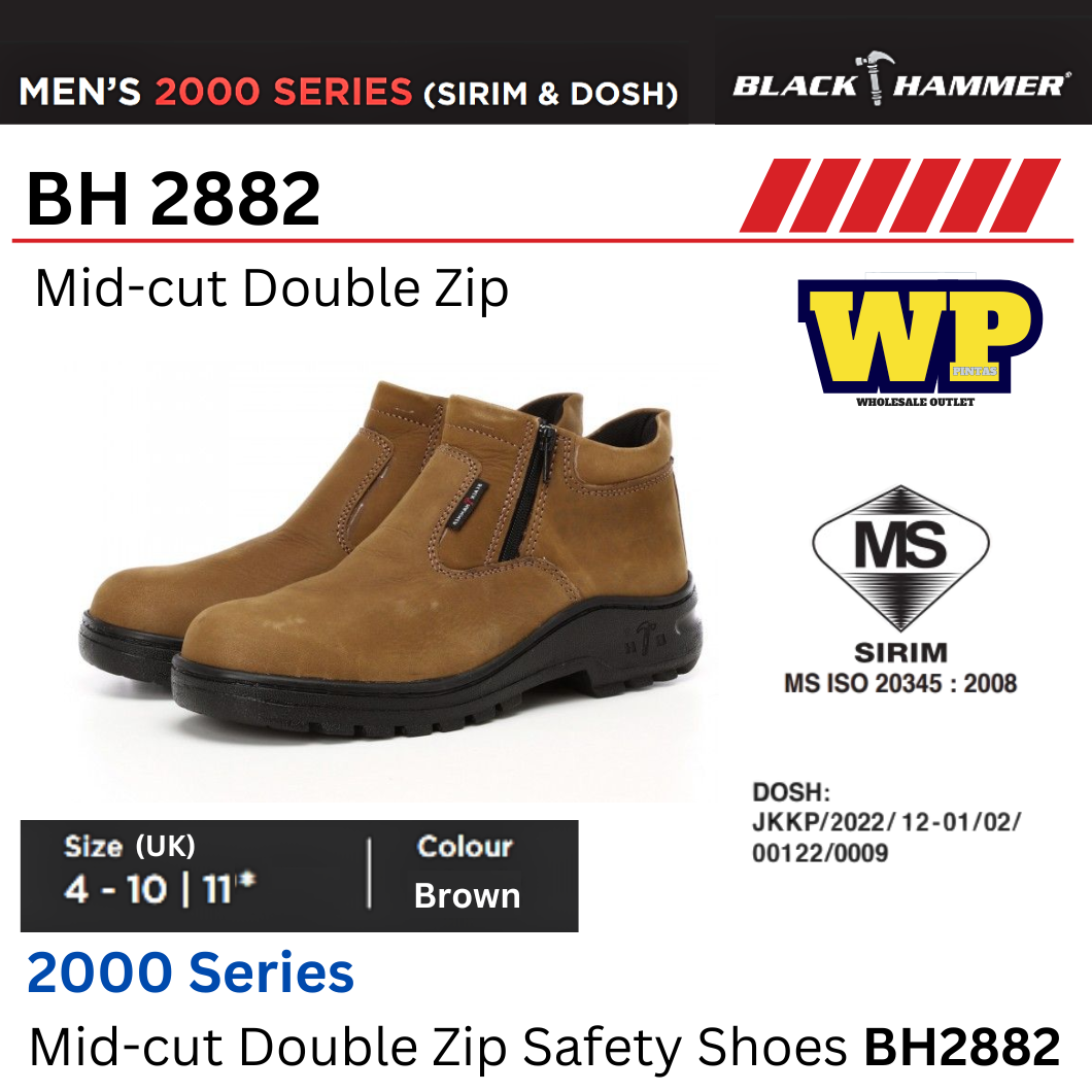 Black Hammer 2000 Series Mid-cut Double Zip Safety Shoes (SIRIM & DOSH) - BH2882 / Black Hammer / Black Safe / Mid-Cut Double Zip / Safety Shoes / Safety Boots / Foot Protect / Kasut Kilang / Kasut Keselamatan / BH2882