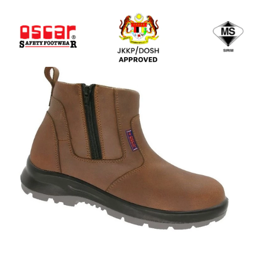 OSCAR SAFETY SHOES 806 BROWN - MID Cut ZIPPED Leather Safety Shoes (Approved by JKKP & SIRIM)