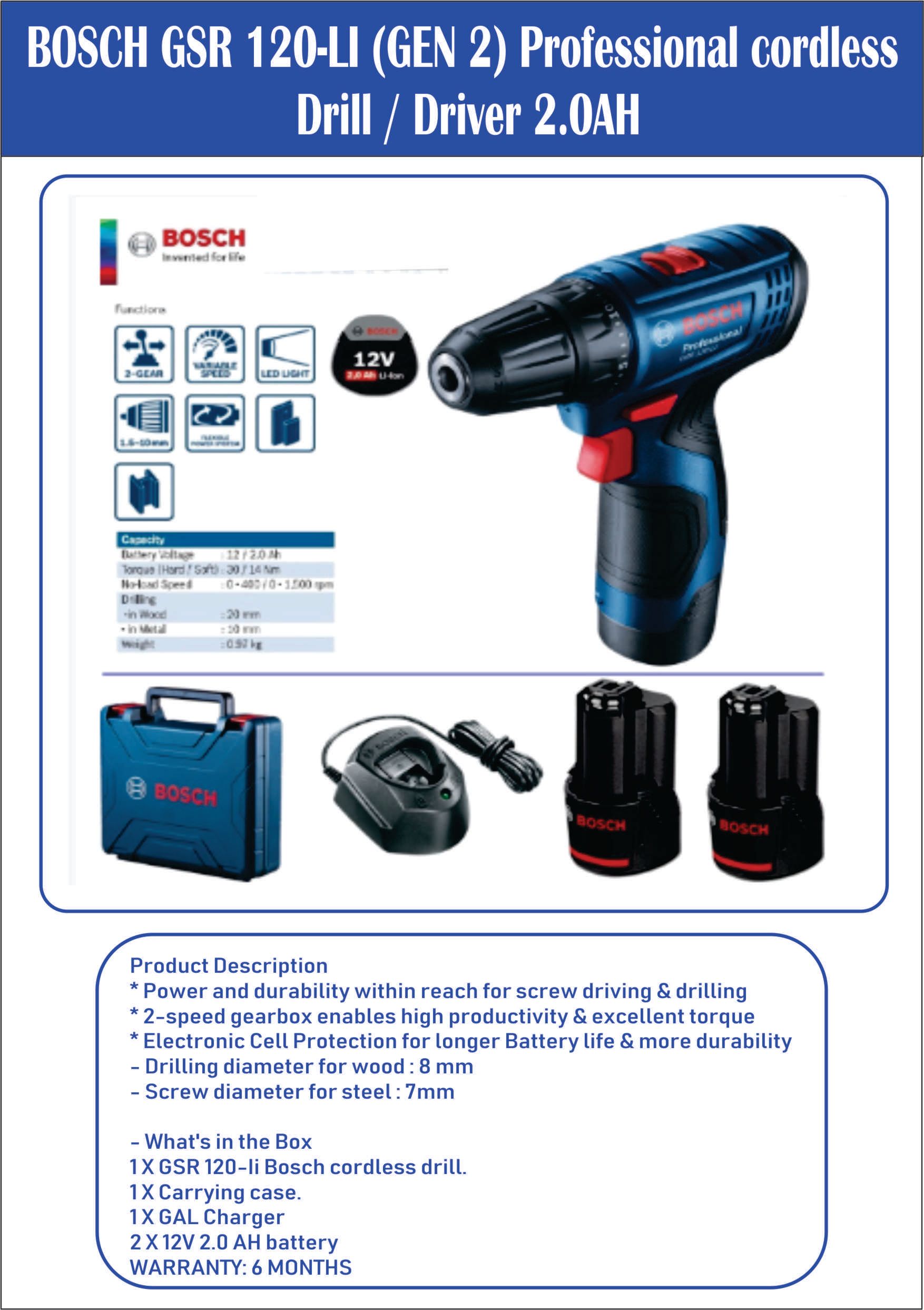 BOSCH GSR 120-LI (GEN 2) Professional cordless drill / driver 2.0AH OCHA BOSCH GSR 120-LI (GEN 2) Professional cordless drill / driver 2.0AH-FREE DELIVERY SEMENANUNG ONLY