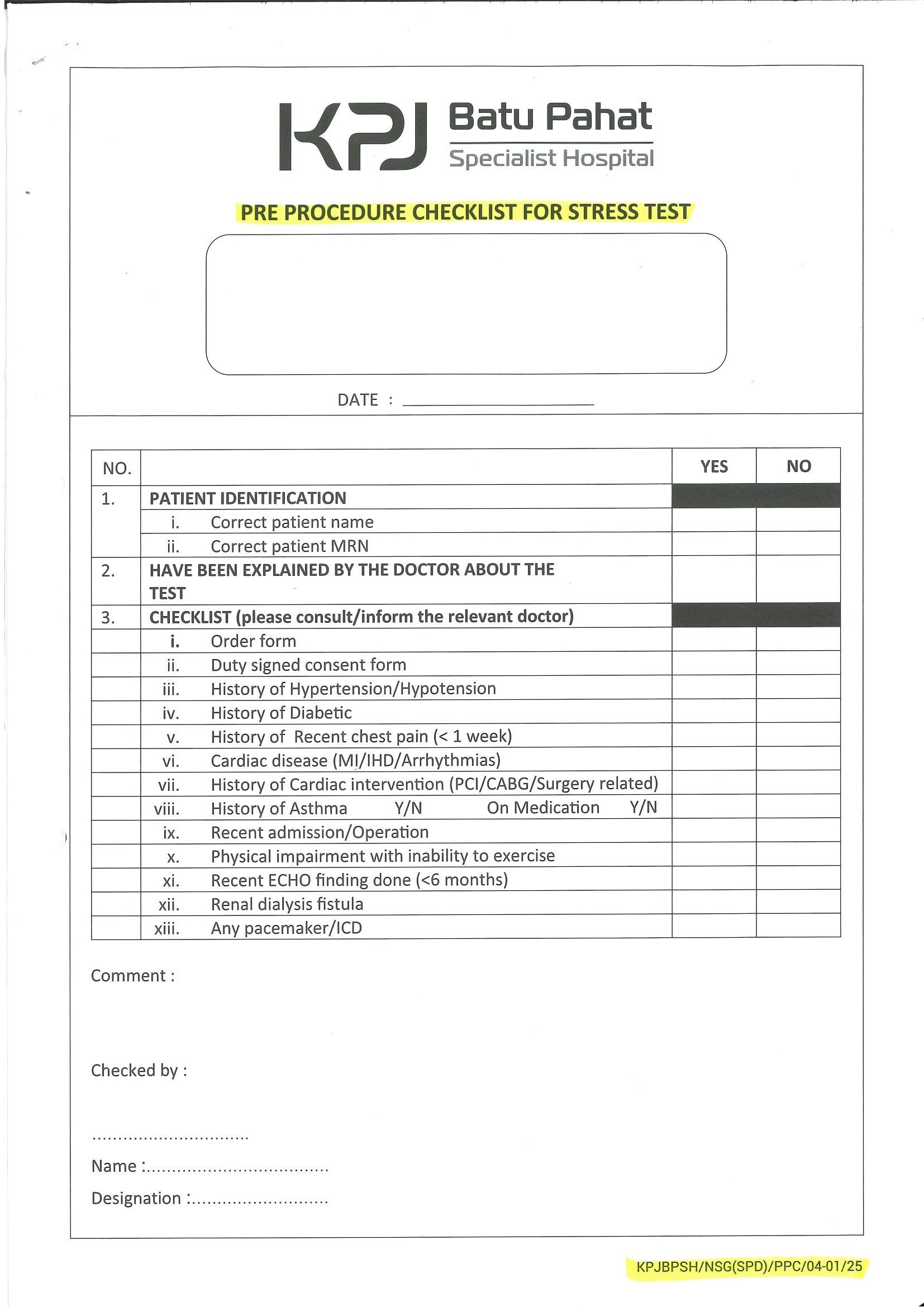 Pre Procedure Checklist For Stress Test