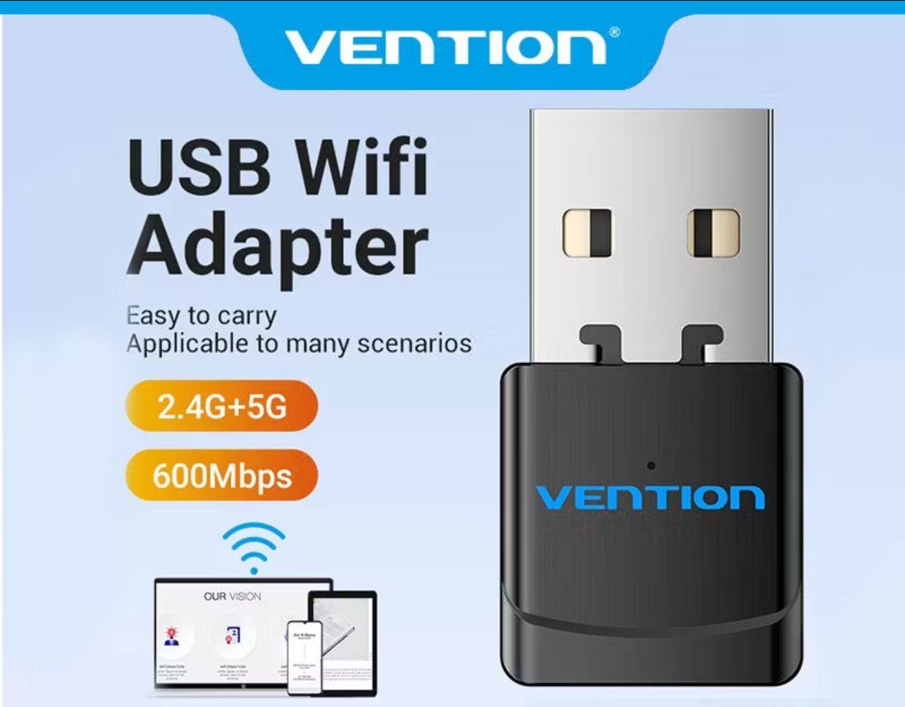 Vention USB WiFi Adapter 600Mbps 2.4G+5GHz Receiver Dongle Dual Band Wireless Mini WiFi Network Card Adapter For PC Desktop Laptop Macbook Wi-Fi Receive