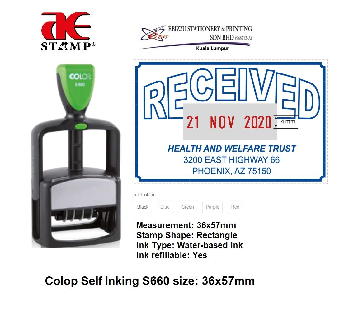 Colop Self Inking Large size with date S660 size: 36x57mm