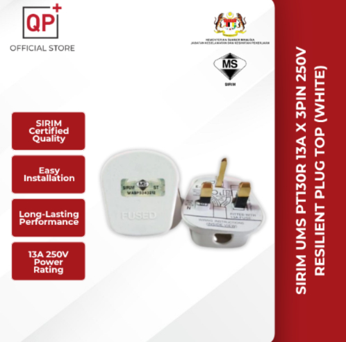 SIRIM UMS PT130R 13A X 3PIN 250V RESILIENT PLUG TOP (WHITE) 13A PLUG TOP l PALAM 3 PIN l 三脚插头-