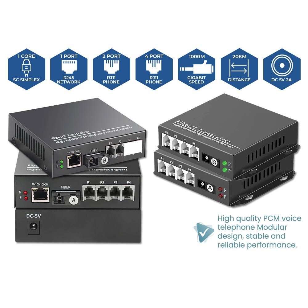 SC SINGLEMODE FIBER RJ45 NETWORK GIGABIT 2 / 4 PORT RJ11 TELEPHONE LINE FIBER MEDIA CONVERTER WITH PAIR (1F1N4P)