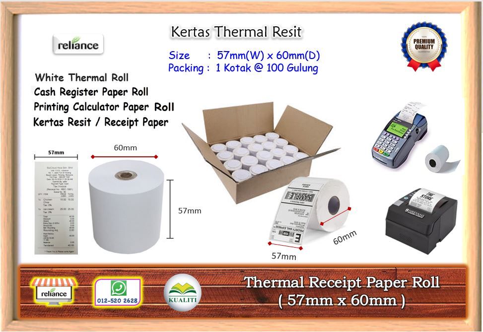Kertas Resit Thermal Roll (57mm x 60mm) / Thermal Paper Roll / Receipt Roll / Kertas Resit Thermal # Buatan Malaysia # For Thermal Printer # Credit Card Machine # RP-0122 ( KTT : 1 Kotak @ 100 Roll )