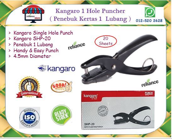 Kangaro Paper Punch - 1 Hole / Kangaro Puncher Single Hole / Penebuk Kertas 1 Lubang # 20 Helaian # Tahan Lazak # RS1418 ( KTT : 1 Unit )