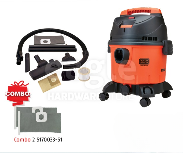( COMBO ) BLACK & DECKER BDWD15-XD 1400W 15 LITRE MULTIFUNCTION VACUUM CLEANER + 2 X 5170033-51 ( BDWD15 )