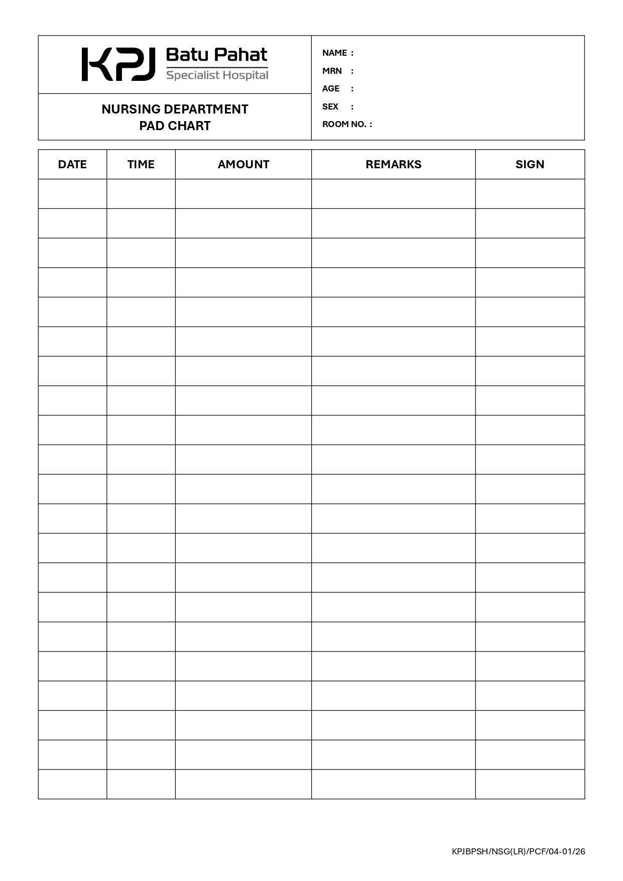Nursing Department Pad Chart
