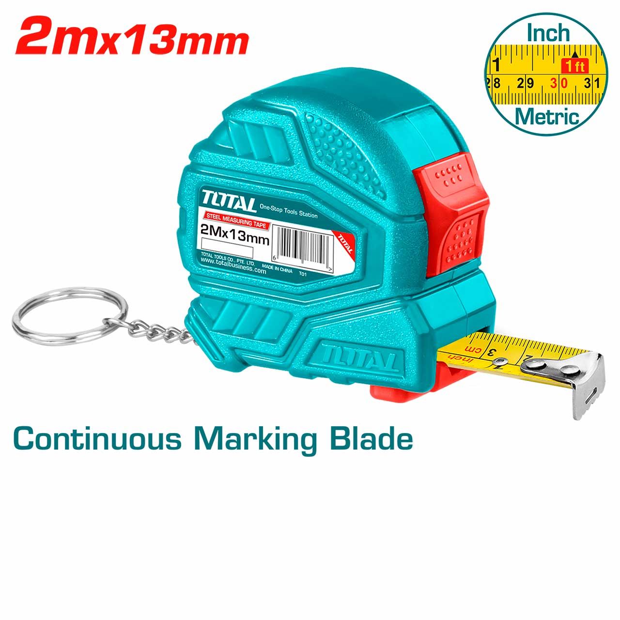 TOTAL STEEL MEASURING TAPE (2M) WIDTH: 13MM SINGLE BUTTON OPERATION W/ CONTINUOUS MARKING BY CENTIMETERS - TMT126321