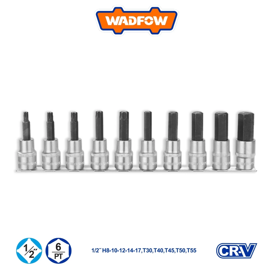 WADFOW 10 PCS 1/2" BIT SOCKET SET, HEX SIZE: H8, H10, H12, H14, H17 + TORX SIZE: T30, T40, T45, T50, T55 (WST1412)