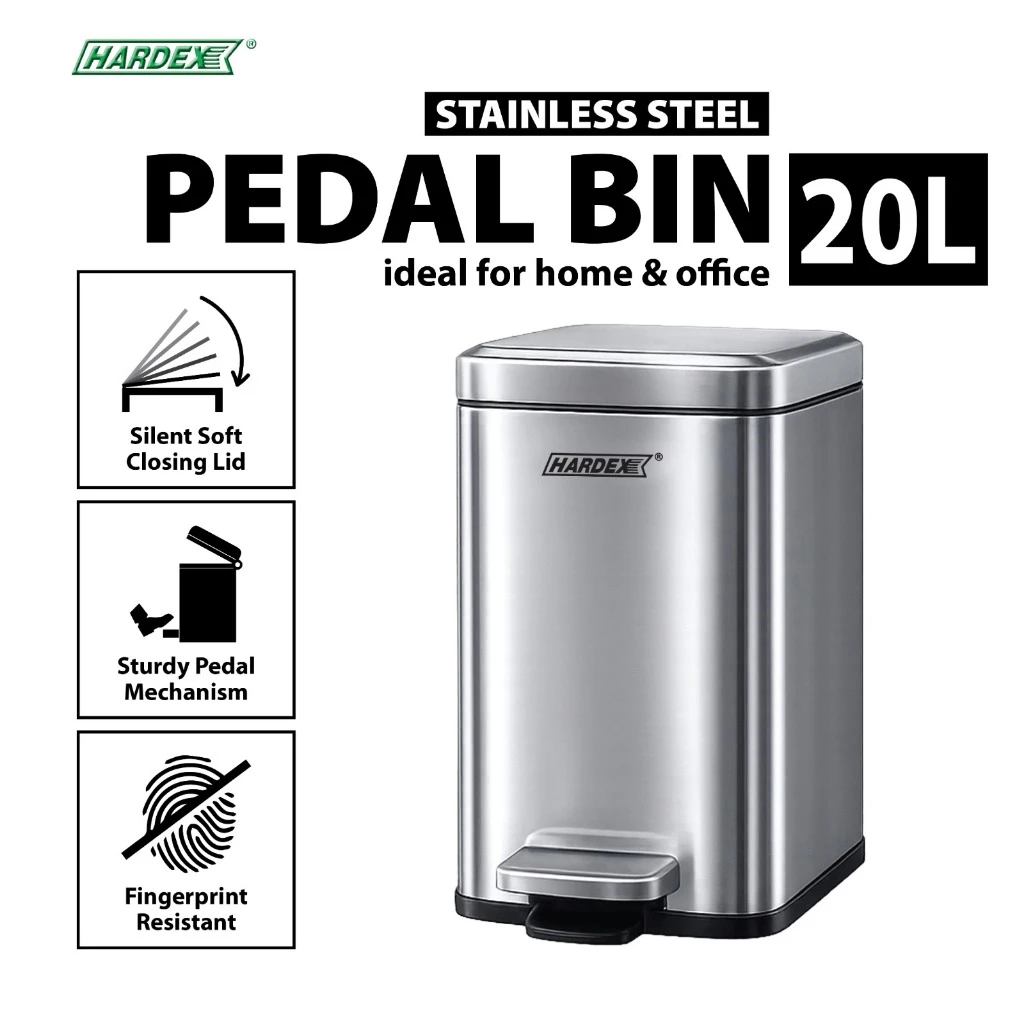 HARDEX Stainless Steel Pedal Bin - Square (20L) P-PEDAL-BIN-20S