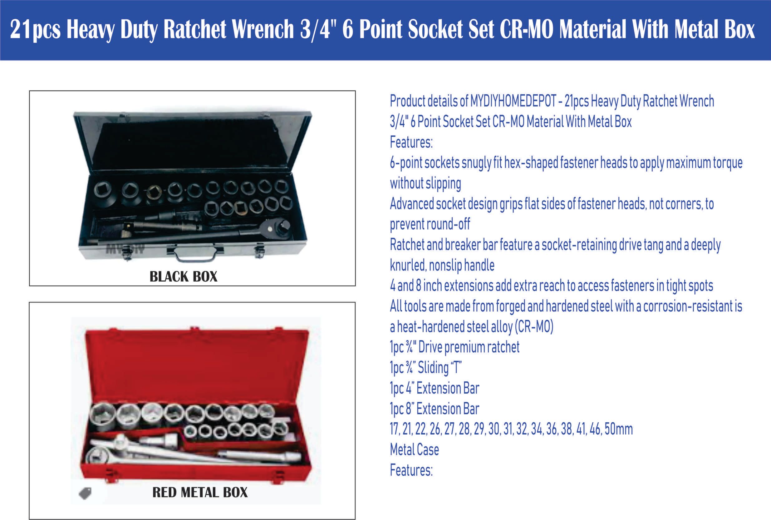 Ocha 21pcs Heavy duty Rachet with 6 Point socket wrench - Ocha 21pcs Heavy duty Rachet 3/4 inch with 6 Point socket wrench with steel box ( RED OR BLACK COLOUR BOX) -free delivery semenanjung