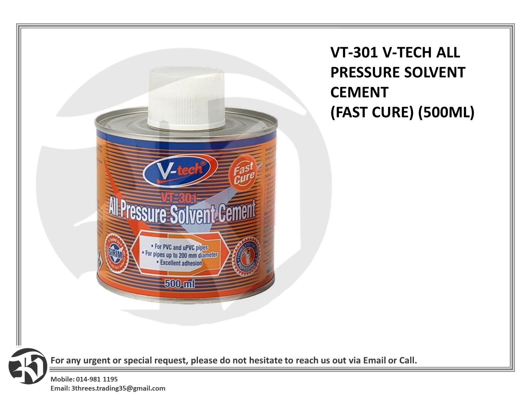 VT-301 V-TECH ALL PRESSURE SOLVENT CEMENT (FAST CURE) (500ML)