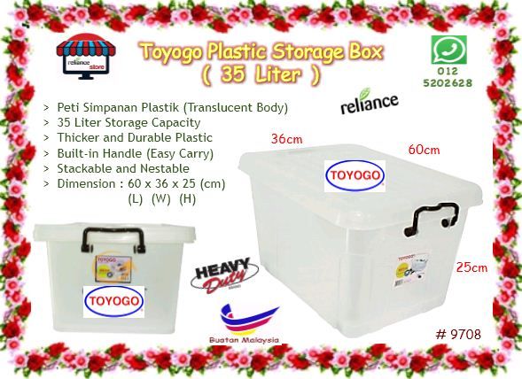 TOYOGO Plastic PVC Storage Box - 35 Liter / Kotak Simpanan Plastik # Kualiti Tahan Lama # Buatan Malaysia # Saiz : 60cm (L) x 36cm (W) x 25cm (H) # Model 9708 # RP0362 ( KTT : 1 Unit )