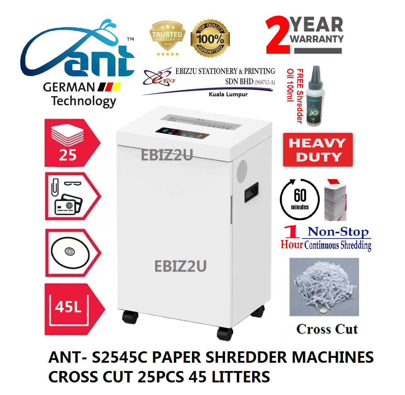 ANT- S2545C PAPER SHREDDER MACHINES CROSS CUT 25PCS 45 LITTERS WITH 2 YEARS WARRANTY (mesin perincih kertas, Mesin Penghancur Kertas)