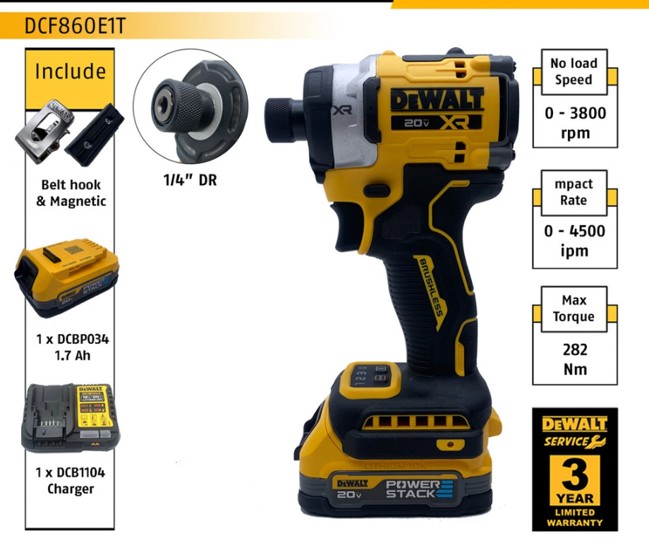 DEWALT DCF860E1T-B1 1/4" ( 6.35MM ) 18/20V BRUSHLESS CORDLESS IMPACT DRIVER DCF860E1T (STANDARD)