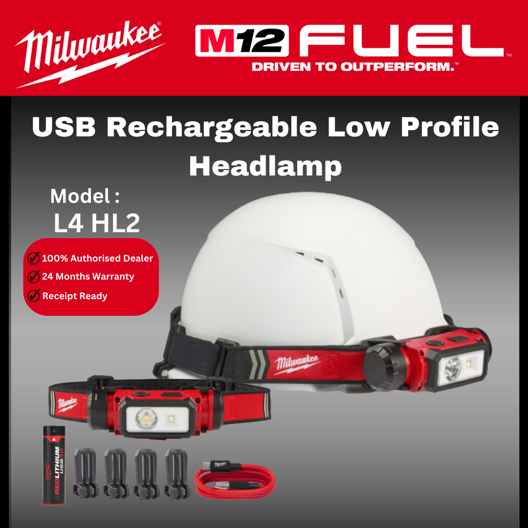 Milwaukee L4 HL2-301 USB Rechargeable Hard Hat Headlamp 600 LUMENS / Lampu Kerja / Working Light / Head Light / Work Light / Milwaukee Light / Milwaukee Lampu