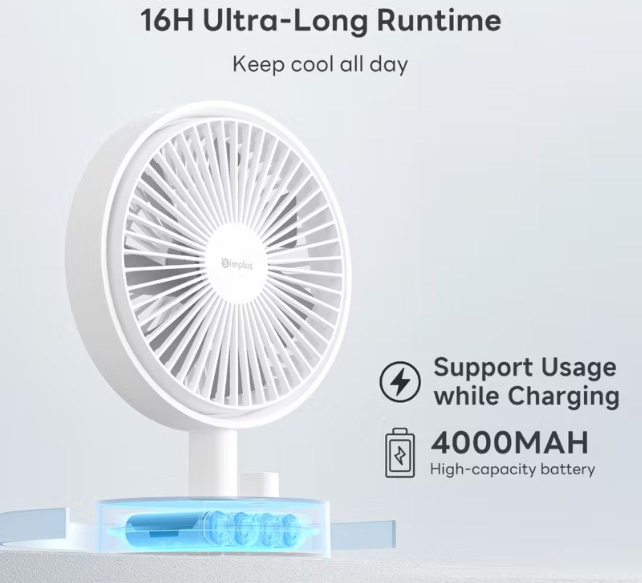 Simplus Mini Desktop Fan | Portable Fan | Stepless Speed Control | Wide-Angle | 16h Runtime 4000Mah | Type-C Charging
