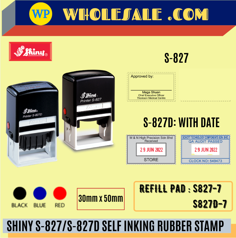 SHINY S-827/S-827D SELF INKING RUBBER STAMP (30MM X 50MM) -ALL COLOUR. *FAST LOCAL SUPPLIER