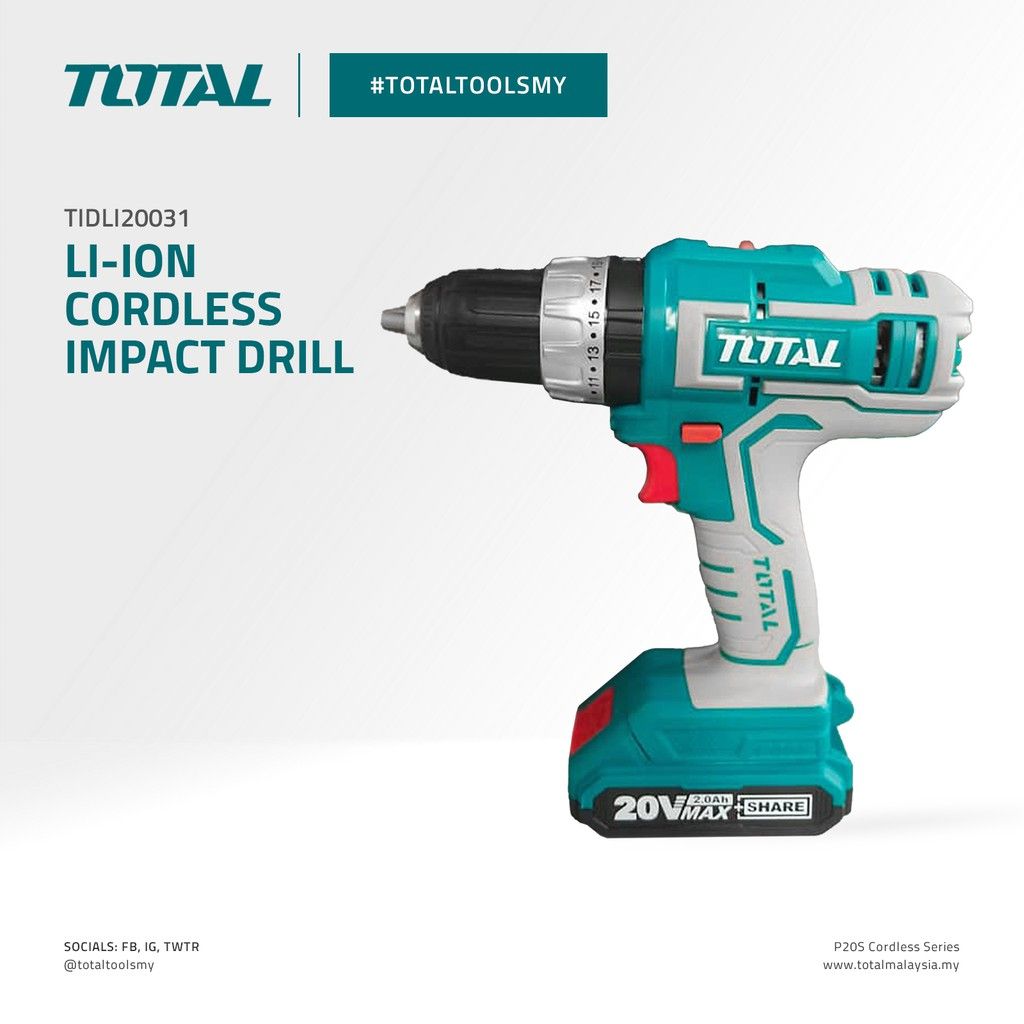 TOTAL TIDLI20031 LI-ION CORDLESS IMPACT DRILL (PACKAGE COMES WITH 2 PCS 20V 2.0AH BATTERIES 1 PC FAST INTELLIGENT CHARGER 4 PCS HSS DRILL BITS 1 PC MAGNETIC HOLDER 6 PCS CR-V SCREWDRIVER BITS 36 PCS SCREWS ALL ITEMS PACKED IN A CARRYING CASE.)