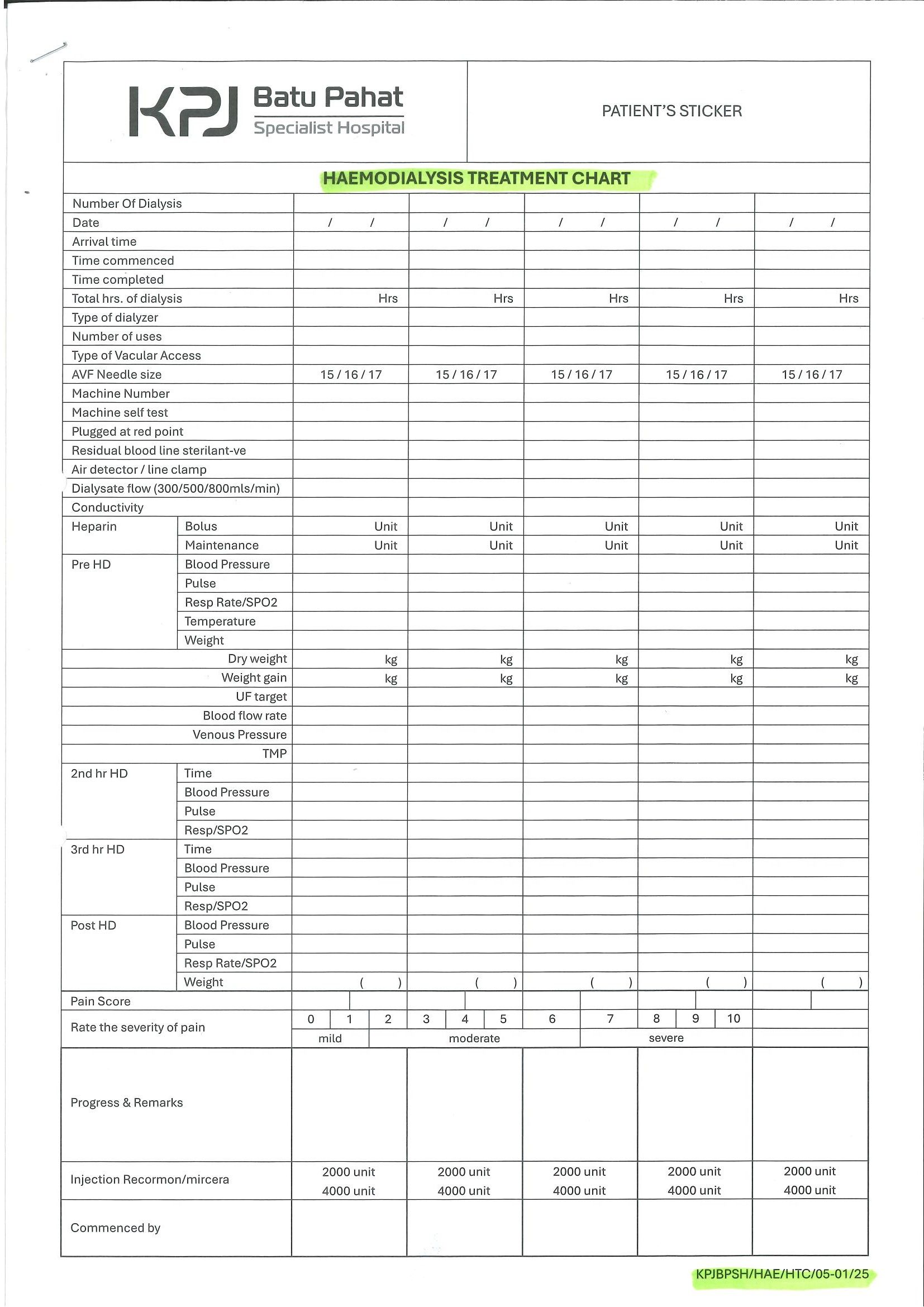 Haemodialysis Treatment Chart