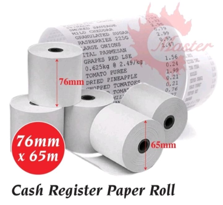 Cash Register roll paper 76mm x 65mm x 12mm white paper rolls.m( 100 Roll Box)