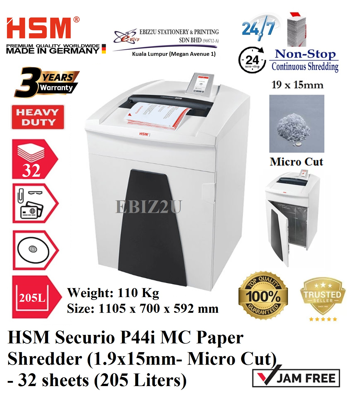 HSM Securio P44i MC Paper Shredder (1.9x15mm- Micro Cut) - 32 sheets (205 Liters) (non stop, Micro Cut, Paper Shredder, Shredder Machine, Office Shredder, Heavy Duty Shredder, Mesin Penghancur Kertas)