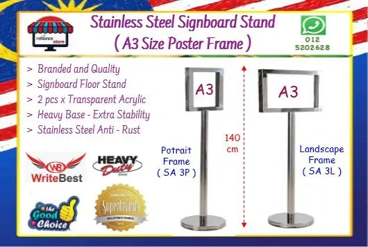 Writebest Stainless Steel Signboard Floor Stand ( A3 Frame ) / Poster Stand / Signboard Stand # Portrait & Landscape Frame # Buatan Malaysia # SA-3P (Portrait A3) # SA-3L (Landscape A3) # RP1093 ( KTT : 1 Unit )