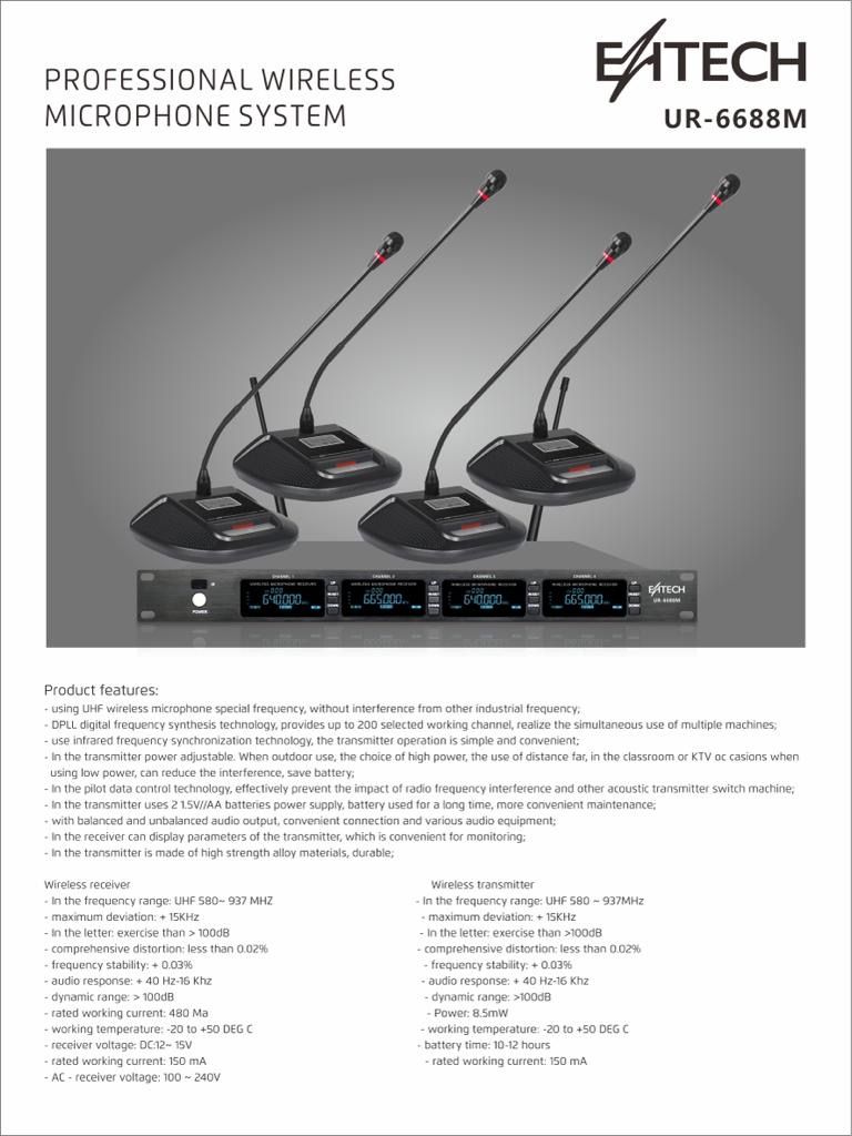 Professional Wireless Microphone System EZTECH UR-6688M (1 Receiver + 4 Mic)
